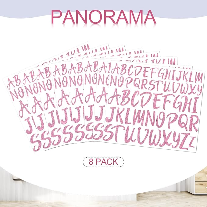 TaoBary 416 Pcs Christmas Letter Stickers 8 Sheets Alphabet Stickers 2 Size Vinyl Cursive Self-Adhesive Letter Personalized Decor for Scrapbooking Water Bottle Christmas Craft(1", 1.5'',Glitter Pink)