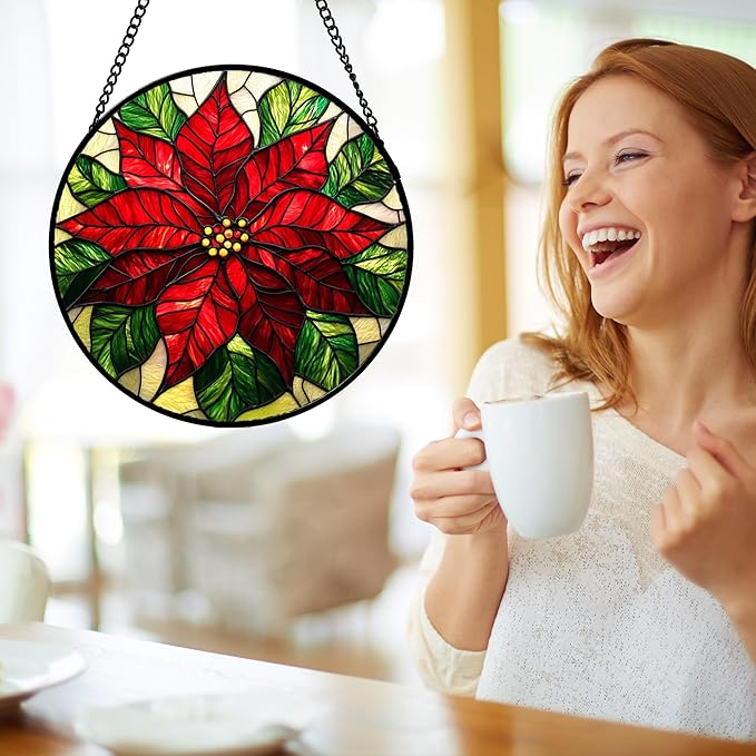 Stained Glass Window Hanging - Poinsettia Suncatcher for Door Garden Home Decor Birth Flower Sun Catcher Birthday Mother's Day for Lovers Friend Women Mom Nana 7.8 in