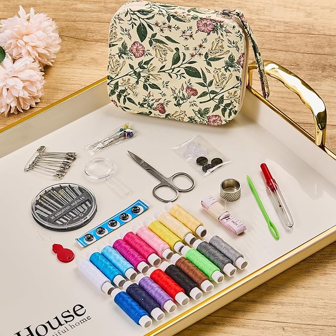 Arts Craft Printing Sewing Kit Floral Pattern Small Sewing Set,Professional Travel Sewing Kit with 18 Colors Sewing Thread, Basic Sewing Supplies Accessory for Emergency, Home Beginners