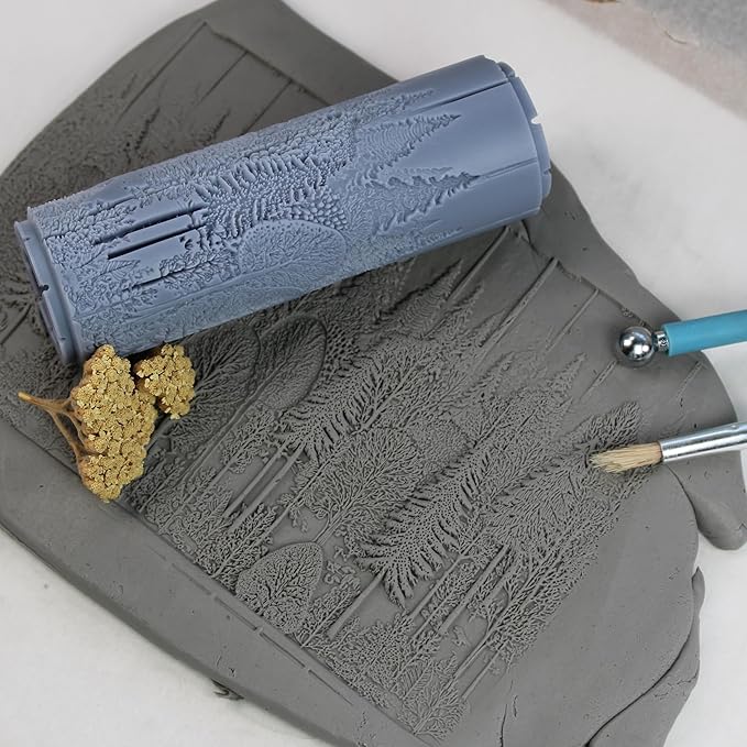 Pinewood Canopy Clay Texture Roller (4") - Seamless Meadow Set #01 - Embossing Pattern Roller for Polymer & Ceramic Clay, Pottery & Crafts