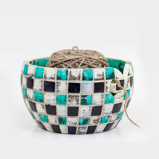 Exquisite Premium Yarn Ball Storage Bowls | Hand Painted Lovely Decor Yet Functional Yarn Dispenser (Medium (7 x 3 x 7 Inches), Tiled Junk)