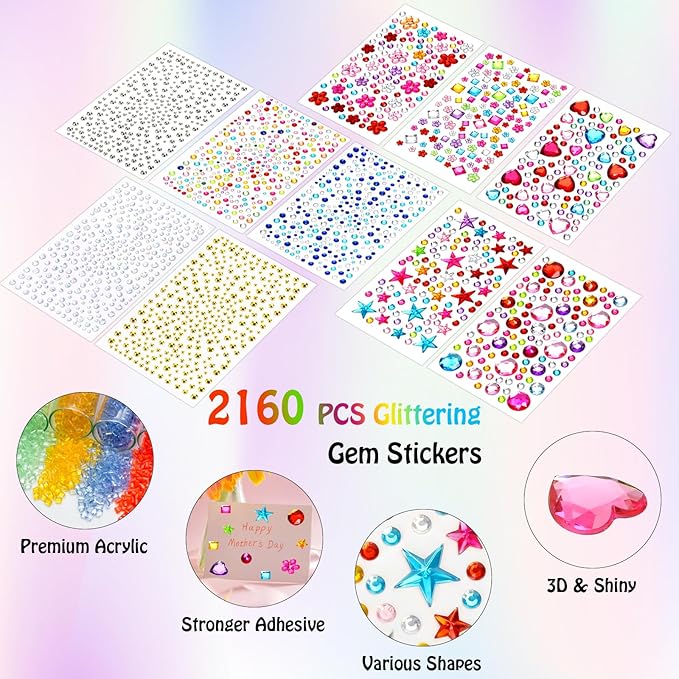 2168pcs Valentines Gem Stickers Rhinestones for Crafts, Sparkling Cute Star Heart Round Small Stickers for Women Adults, Glitter Jewels Stickers for Face Eye Body Makeup, DIY Decoration, WUINOID