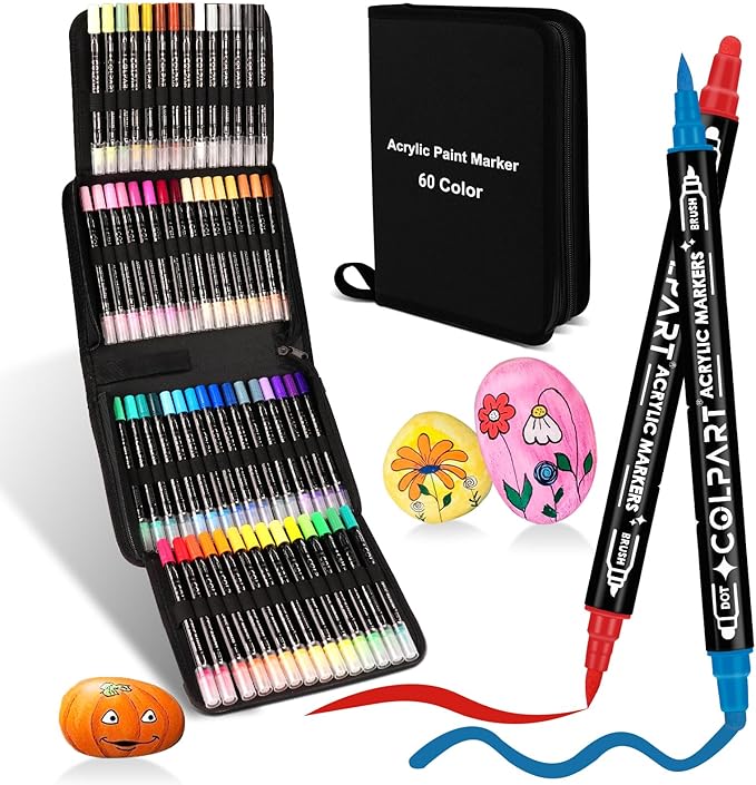 60 Colors Acrylic Paint Markers,Dual Tip Acrylic Paint Pens for Rock Painting,Halloween Decor,Pumpkin，Wood,Canvas,Calligraphy,Brush Tip Markers For DIY Crafts Art Supplies Christmas Gift