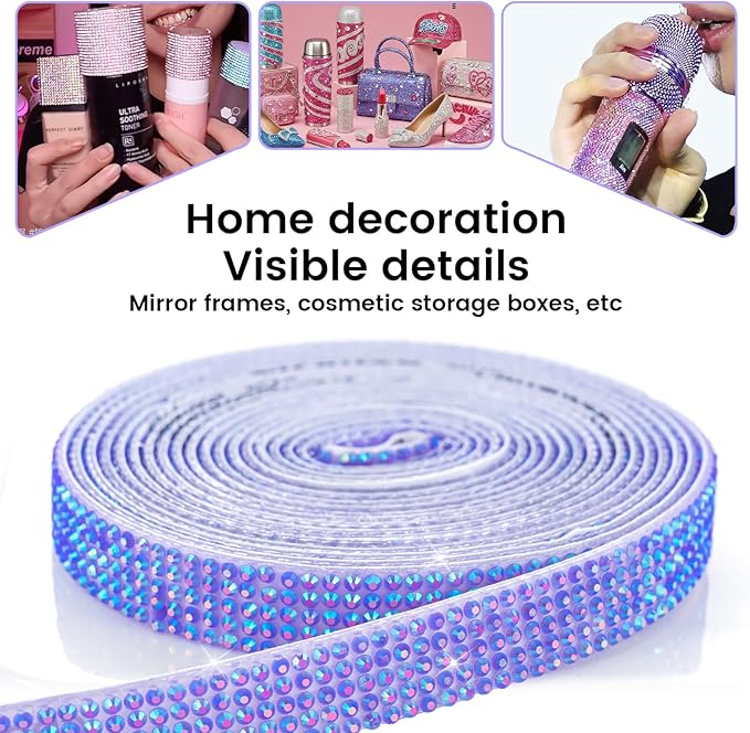 Novani Self Adhesive Rhinestone Ribbon, 0.39 Inch Wide 3 Yards 1 Roll, Deep Purple AB Crystal Diamond Bling Strips for DIY Crafts, Glitter Resin Rhinestones Tape for Crafting, Car Decoration