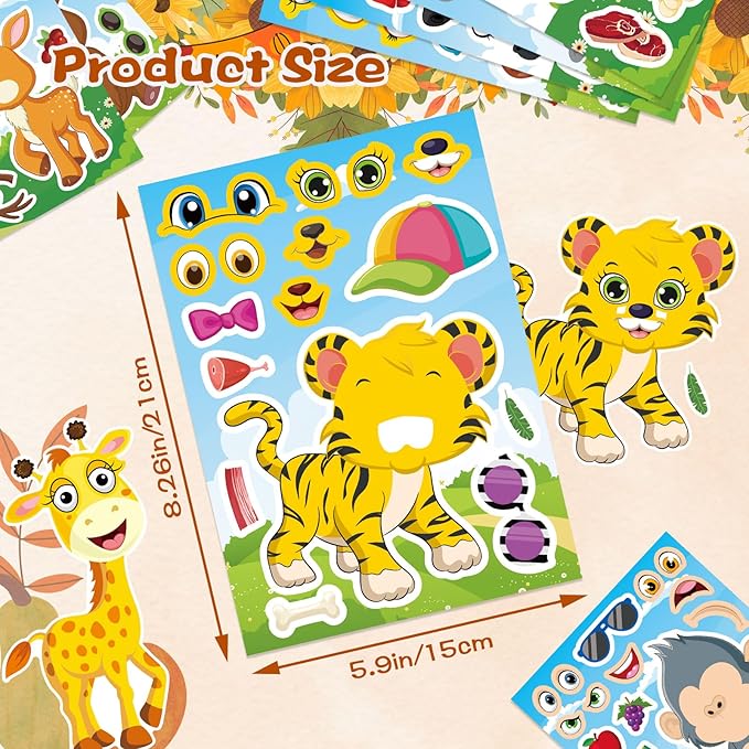 DUJAA Animal Stickers, 24 Sheets, Make-a-Face, Mix & Match, Kids 2-8, Party Favors, Crafts, Goodie Bags