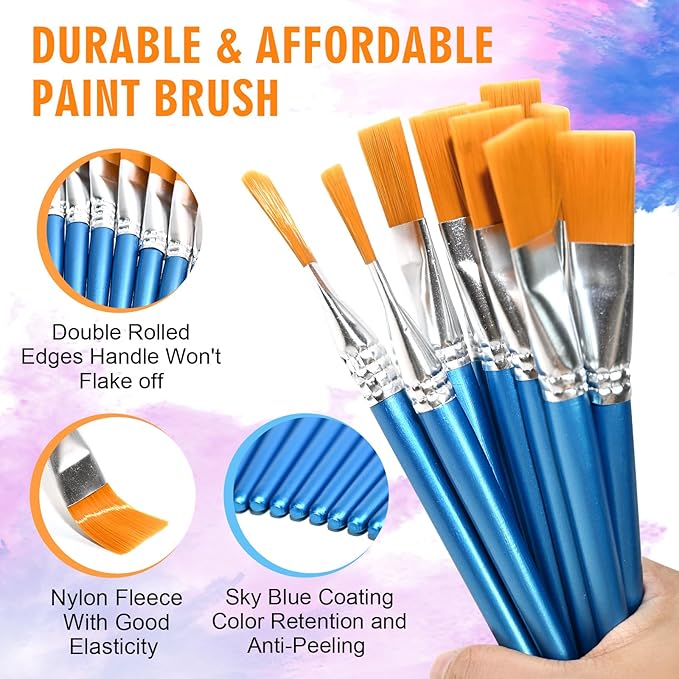 10PCS Flat Head Wide Paint Brush Set, 0.8 Inch Bulk Wide Paint Brushes for Kids for Adults and Artists Acrylic Painting Watercolor Canvas Face Painting Touch Up Rock