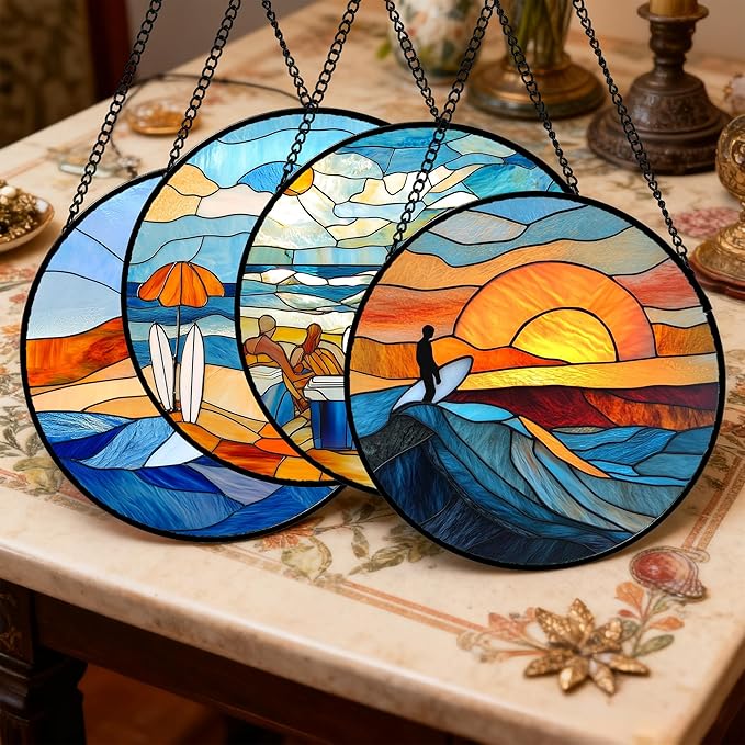 Stained Glass Window Hanging 4 Pcs Set Blue Ocean Surfing Beach 7.8" - Suncatcher Door Garden Sun Catcher Decor Birthday Mother's Day for Firefighte Men Woman Nana Mom