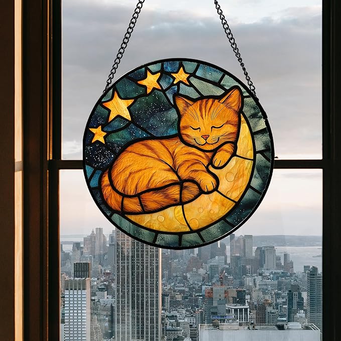 Stained Glass Window Hanging - Orange Cat Sun Catcher for Door Home Decor Stars and Moon Suncatcher Christmas Mother's Day Birthday Loss of a Pet Gifts for Women Men Mom Nana 15 in