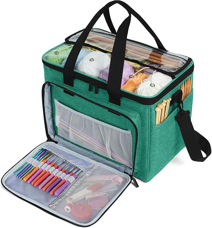 Teamoy Knitting Bag, Yarn Tote Organizer with Inner Divider (Sewn to Bottom) for Crochet Hooks, Knitting Needles(Up to 14”), Project and Supplies -No Accessories Included, Green