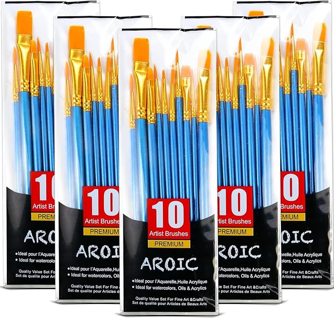 Acrylic Paint Brush Set, 5 Packs / 50 pcs Nylon Hair Brushes for All Purpose Oil Watercolor Painting Artist Professional Kits