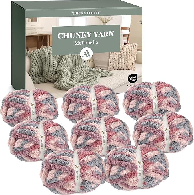Jumbo Chunky Yarn for Hand Knitting - Super Thick Chenille Chunky Yarn for Crocheting - Extra Soft Bulky Fluffy Blanket Big Yarns 8 Jumbo Pack (27yds,8 oz Each Skein)