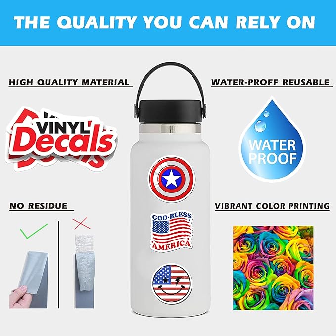 BEATRI USA 4th of July Stickers 50Pcs American Patriotic Independence Day Vinyl Waterproof Decor & Party Favors for Laptop, Water Bottle, Skateboard... | Non-Repeating Decals, High-Definition Print
