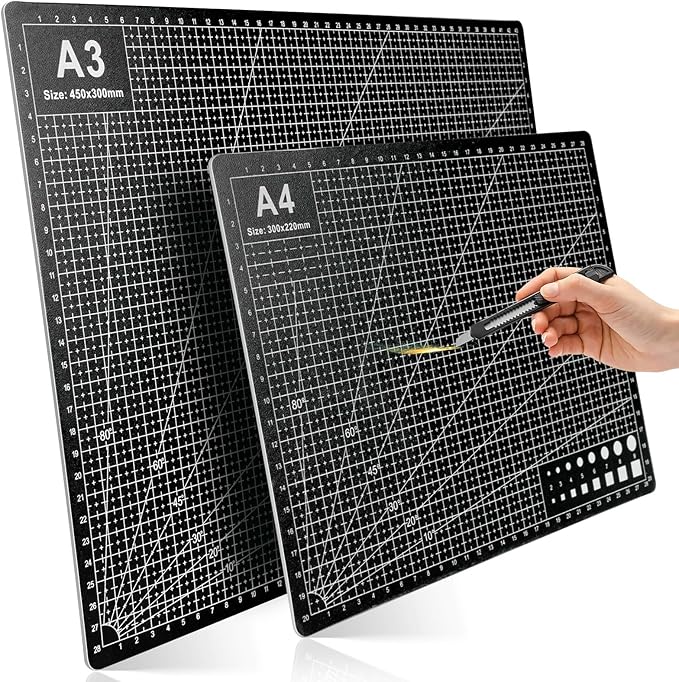 2 Pcs Large Cutting Mat Self Healing,Double Sided,Grid Line And Angles Help To Cut Precisely,Craft Mats for Scrapbooking, Quilting, Sewing and All Arts,Non Slip & Easy Clean ((A3 & A4 Black)