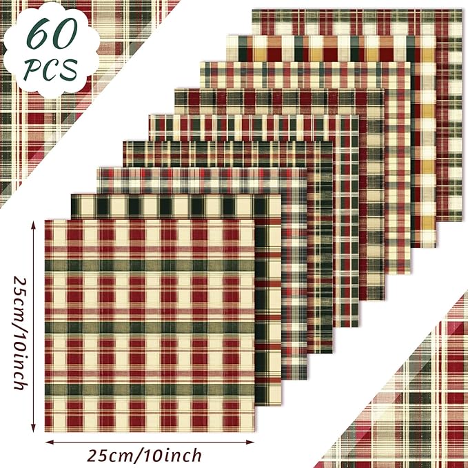 60 Pcs 10 x 10 Inch Vintage Christmas Quilting Fabric Plaid Homespun Fat Squares Patchwork Red Buffalo Plaid Precut Fabric Bundles for Xmas Winter Fall Quilting Crafting DIY Craft Sewing
