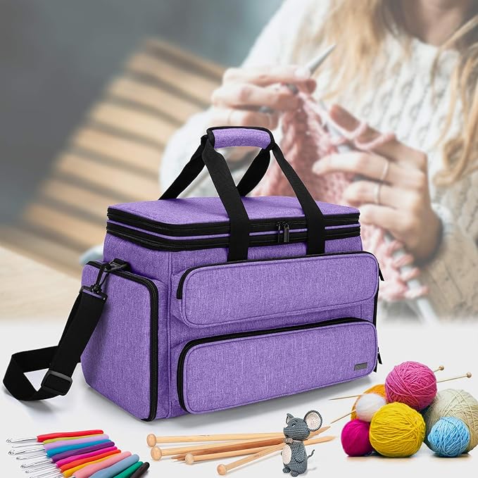 Yarwo Knitting Yarn Bag, Portable Crochet Storage Tote with Double Top Cover and Yarn Holes for Knitting Needles(Up to 14”), Unfinished Projects and Skeins of Yarn, Purple