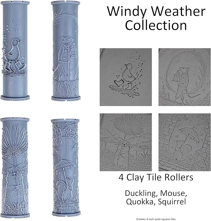 Windy Weather Collection Clay Texture Rollers 4-Pack (4") - Storybook Set #01 - Embossing Pattern Rollers for Polymer & Ceramic Clay, Pottery & Crafts