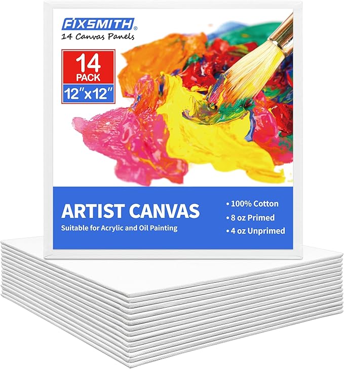 FIXSMITH Canvas for Painting 14 Pack - 12 x 12 Inch Painting Canvas Panel Boards - 100% Cotton Primed Canvases - Super Value Pack Art Supplies - Artist Canvas Board for Acrylic, Oil & Tempera Painting