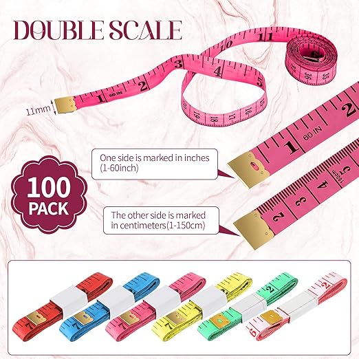Macarrie 100 Pcs Soft Tape Measure Bulk Double Scale 150 Cm/ 60 Inch Vinyl Body Measuring Tape for Sewing Soft Ruler for Weight Loss Body Measurement Fabric Cloth Tailor Craft, Random Colors