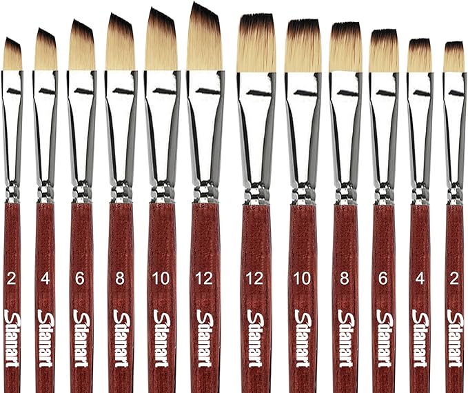 Watercolor Brushes Professional 12 PCS ， 6 Flat Painting Brush and 6 Angled Paintbrush for Watercolors,Acrylics,Oil,Gouache,Ink,Different Size Paintbrushes Perfect for Artists and Beginners
