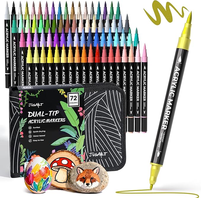 JusArt 72 Colors Acrylic Paint Markers Set with Canvas Bag, Dual Tips with Brush Tip & Fine Tip, No-Bleed, Waterproof, Non-Toxic & Odorless Paint Pens for Rock, Egg, Wood, fabric, Glass, Ceramic, DIY