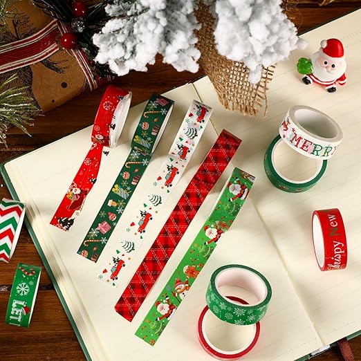 SANNIX 12 Rolls Christmas Washi Tapes 15mm Wide Christmas Tree Snowflakes Santa Claus Gingerbread Man Masking Tape for Xmas Scrapbooking and Crafting