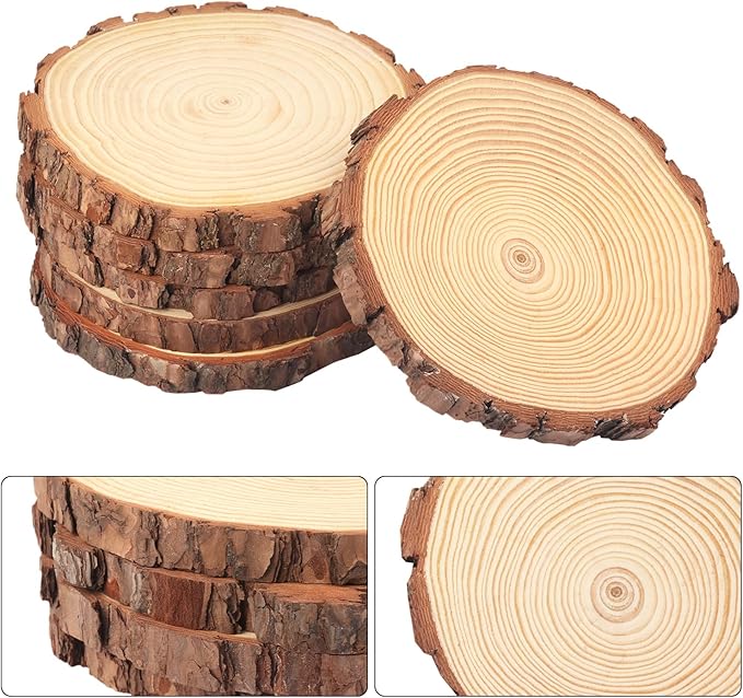 11 PCS 6.3-7.1 Inch Natural Wood Slices, Unfinished Pine Wood Circles with Barks for Coasters, DIY Crafts, Christmas Rustic Wedding Ornaments and Centerpieces,by GNIEMCKIN.