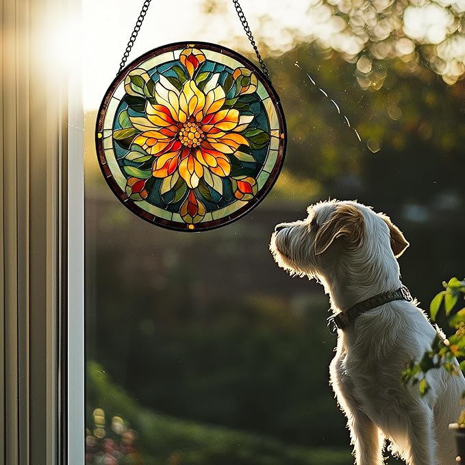 Stained Glass Window Hanging - Retro Yellow Flower Suncatcher for Door Garden Home Decor Dahlia Sun Catcher Christmas Birthday for Lovers Friend Women Mom Nana 11.8 in