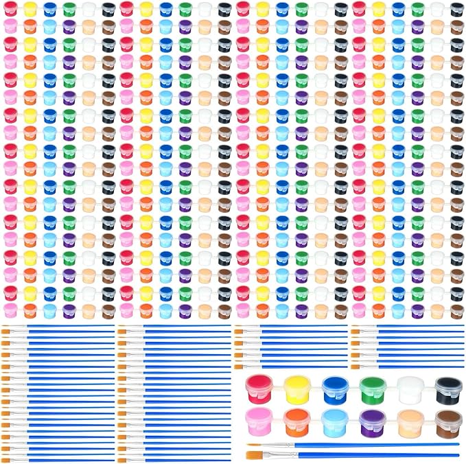 Qilery 100 Sets Mini Acrylic Paint Set 1400 Pcs 12 Colors Acrylic Painting Strips 100 Flat Brushes 100 Pointed Brushes for Adults Home Birthday Art Craft Party Favors (3ml)