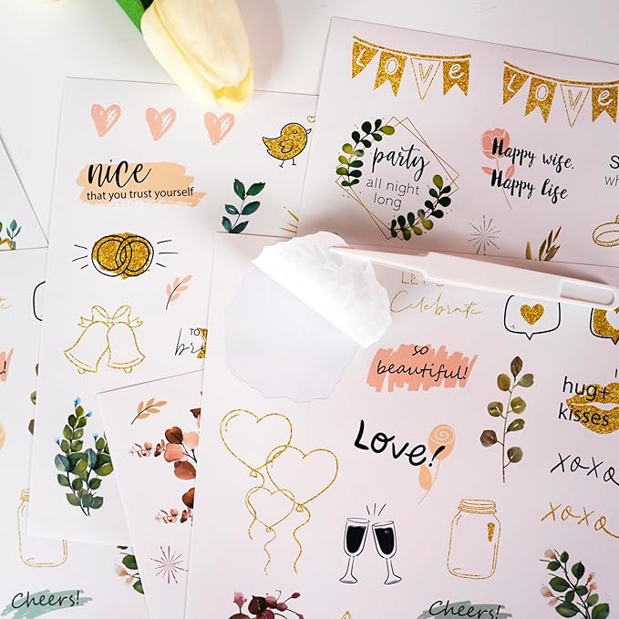 4 Sheets Wedding Celebration Stickers for Bridal Scrapbooking, Pastel Pink Self-Adhesive Waterproof Wedding Stickers for Letters,Bridal Shower,Invitations,Guestbook,Calendar