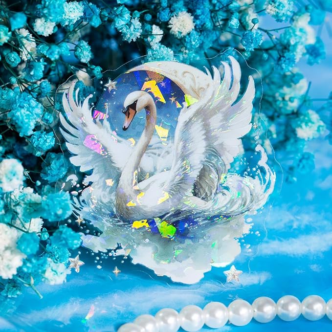 Yoksas Holographic Shiny Fantasy Starry Swan Stickers - 60Pcs Waterproof Clear Glitter Aesthetic Scrapbook Stickers for Junk Journals,Planner,Resin Art Supplies