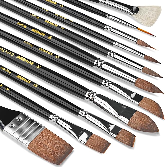 11PCS Watercolor Brush Set for Artists, Professional Water Color Paint Brushes Set Shapes with Fan, Needle Pointed, Angular, Dagger, Cats Tongue for Watercolor, Gouache, Ink Painting
