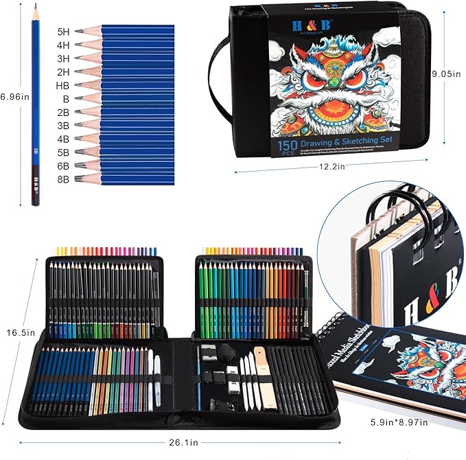 H & B 150PCS Drawing Pencils Set with Portable Zipper Bag – Professional Sketching & Art Supplies Kit with Sketchpad and Colored Pencils for Adults, Kids & Artists