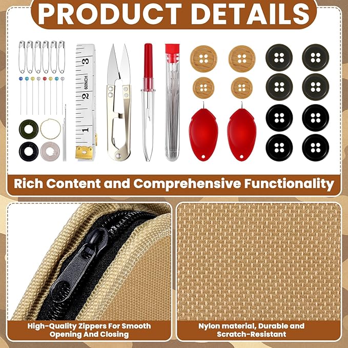 Suncalla Military Survival Sewing Kit Tactical with Buttons Durable Nylon Portable Small Sewing Kit for Men Women Complete Thread Needle Repair Tools for Travel Field Emergency(Brown,1)