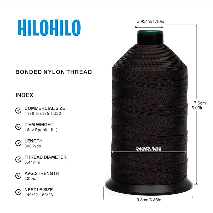 Extra Strong Bonded Nylon Thread #138 Tex135 – 16 OZ, 3000yds, Versatile Stitching Solution for Leather, Upholstery, Canvas Repair and More (Dark Brown)