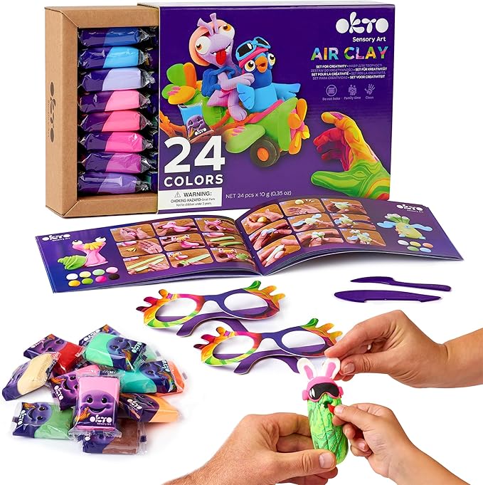 Okto Air Dry Clay for Kids – 24 Colors Foam Clay Set – Non-Sticky, Dries in ~24 Hours – Sculpting Tools, Fun Glasses, Storage Bags & Photo Guide – Sensory Craft Kit