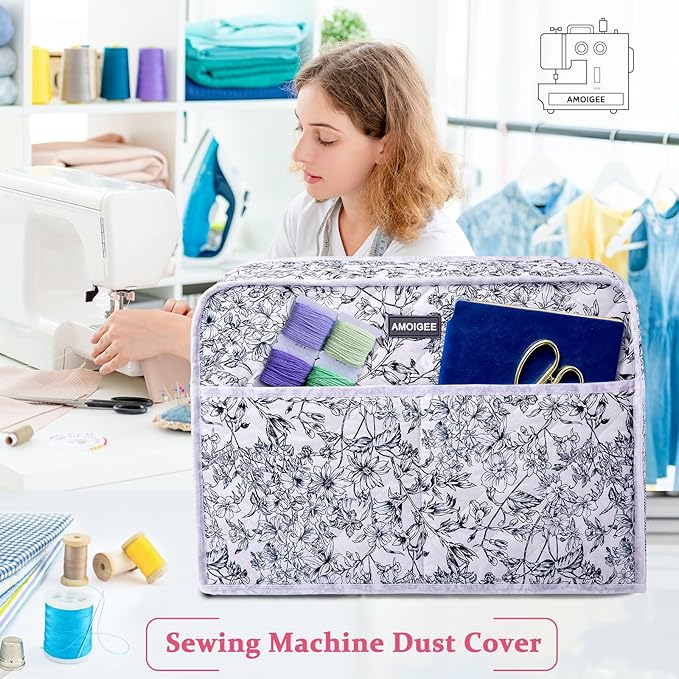 AMOIGEE Sewing Machine Cover for Brother, Singer, Janome – Quilted Dust Cover with Storage Pockets, Padded Protective Sewing Machine Case Fits Most Standard Sewing Machines (17" x 7" x 12")