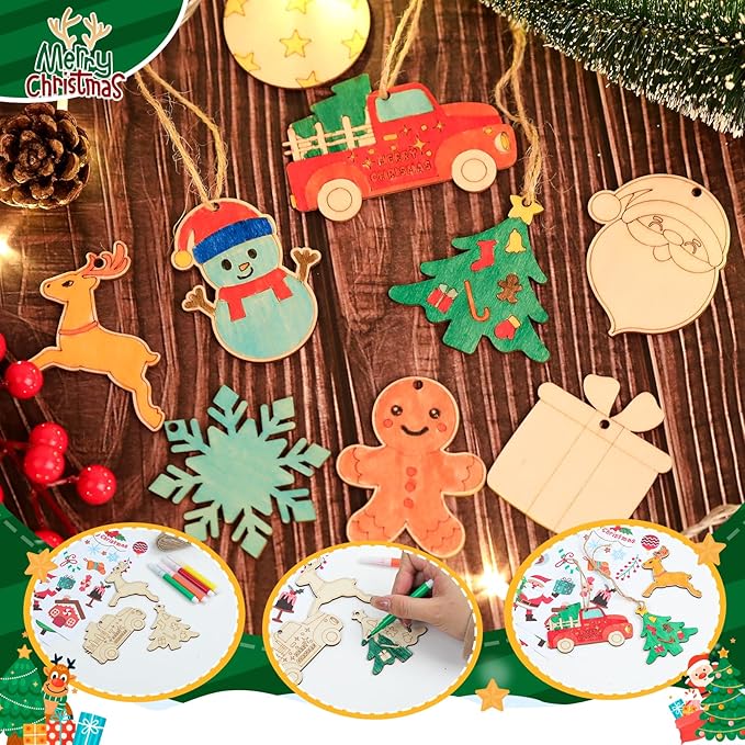 BAPHILE 60PCS DIY Christmas Wooden Ornaments Unfinished Wood Slices to Paint, 138pcs Predrilled Wood Circles Kit Craft Making for Christmas Tree Decorations Hanging Decor Xmas Present Tags