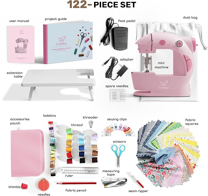 CraftBud Mini Sewing Machine for Beginners, Dual Speed Small Portable Sewing Machine for Kids and Adults with Extension Table, 122 Piece Gift Set Includes, Fabrics, Projects Book, Light and More, Pink