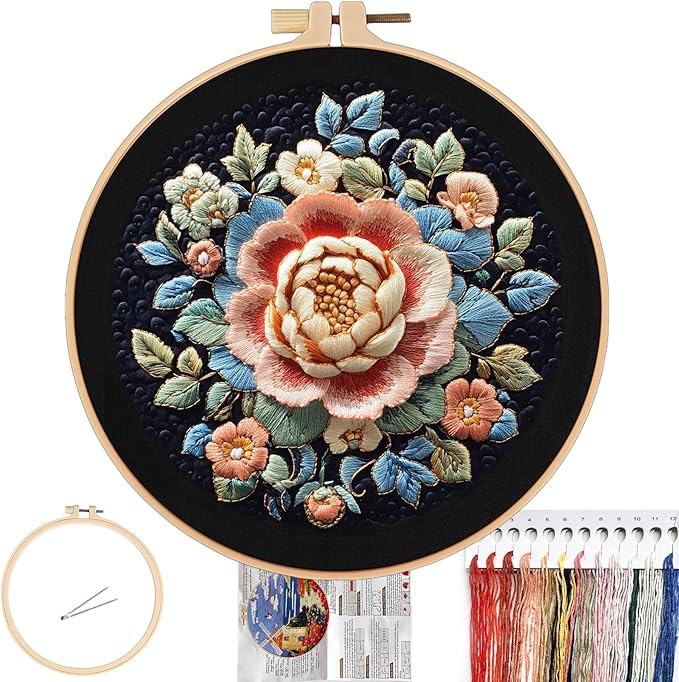 FONNUY Floral Embroidery Kit, Cross Stitch Kits for Beginners, Handmade Crafts with Printed Patterns for Beginner Adults, Easy to Follow Color Thread Needlework, 8'' Hoop (Full Bloom)