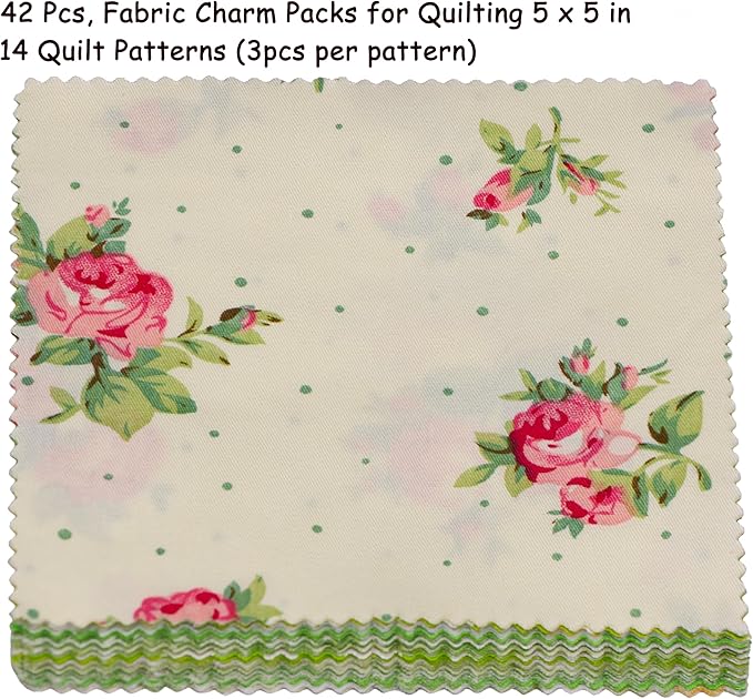 Charm Packs for Quilting 5 inch - 42 5" Charm Squares for Quilting - Green Print Cotton Fabric Quilt Squares 5x5 for Sewing, Patchwork, and DIY Crafts - Green