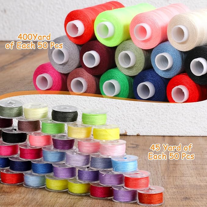 106 Pcs Bobbins Sewing Thread Kits, 400 Yards Per Polyester Thread Spools with Needle, Threader, Scissors and Ruler, for Sewing Machine Hand DIY Beginners, Stitching, Home, 50 Colors