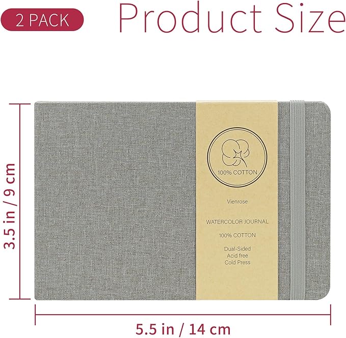 Vienrose 2 Pack Watercolor Sketchbook, 5.5"x3.5" Watercolor Journal with 24 Sheets 140 LB (300 GSM) 100% Cotton Watercolor Paper, Grey Linen Cover Water Coloring Sketch Book