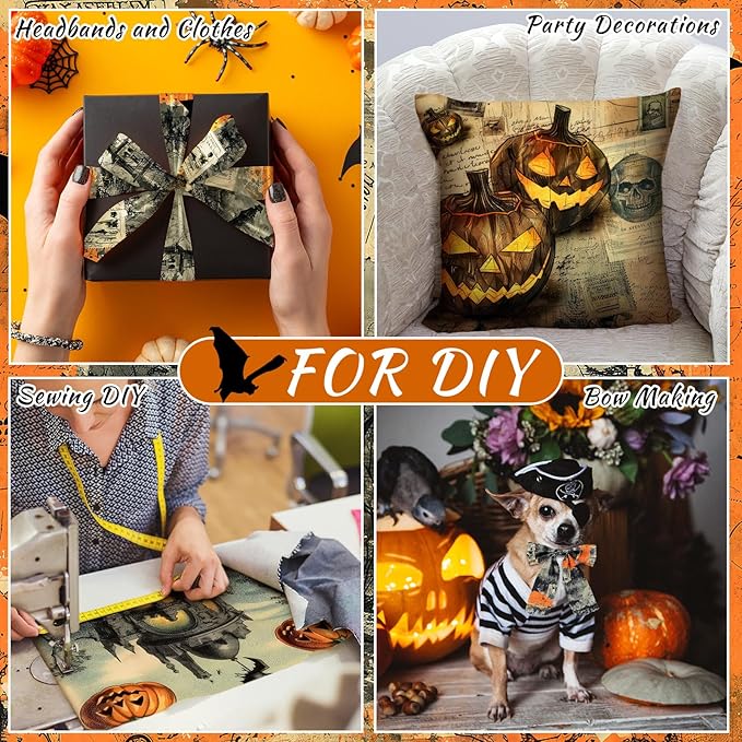 Ganeen 60 Pcs 10 x 10 Inch Vintage Halloween Quilting Fabric Squares Spooky Gothic Fabric Bundle Pumpkin Skull Black Cat Fat Patchwork Precut Stripe for Holiday Handmade Material Sewing DIY Craft
