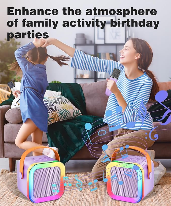 Mini Karaoke Machine Speaker for Kids Adults,Portable Bluetooth with 1-2 Wireless Microphones,Christmas Birthday Gifts Toys Girls Boys Ages 4, 5, 6,7, 8,9,10,11,12+ Years Old Toddler (Purple - 2 Mic)