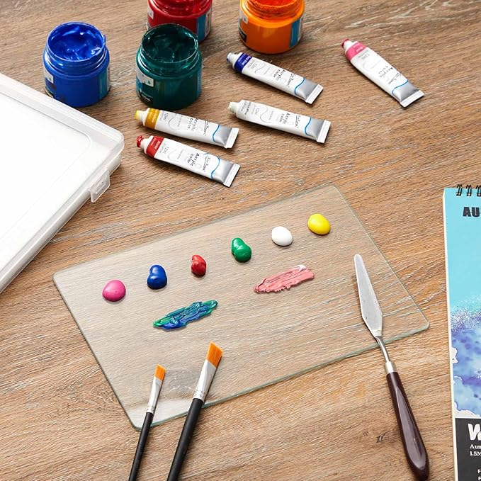Nuanchu 2 Pcs Handy Glass Oil Paint Palette Included Airtight Stay Wet Palette Container and Tempered Glass, Keeps Paint Fresh, Ideal for Travel (10.24 x 6.8 Inches,Clear)
