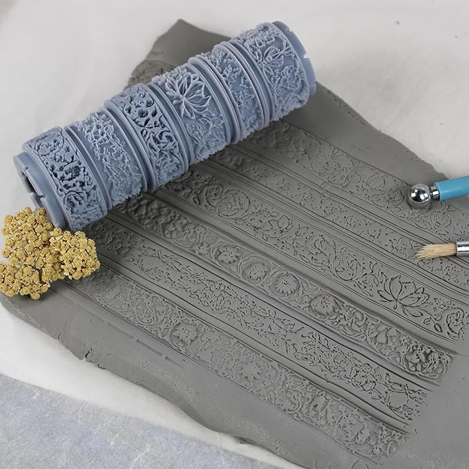 Botanical Tapestry Clay Texture Roller (4") - Seamless Border Set #01 - Embossing Pattern Roller for Polymer & Ceramic Clay, Pottery & Crafts