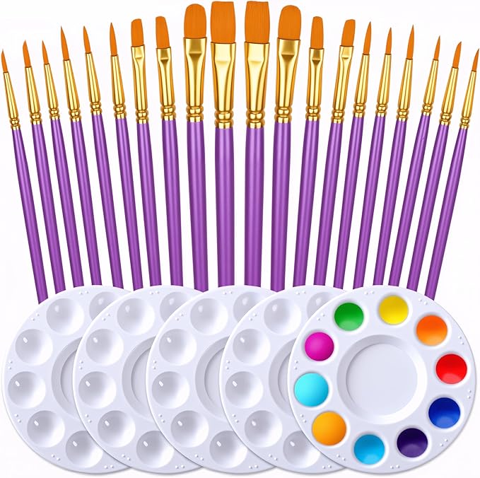 Paint Brushes Palettes Set by DUGATO, 2 Packs/20pcs Round Pointed Tip Nylon Hair Brushes with 5 Paint Trays for Acrylic Watercolor Oil Gouache Tempera and Body Painting (Purple)