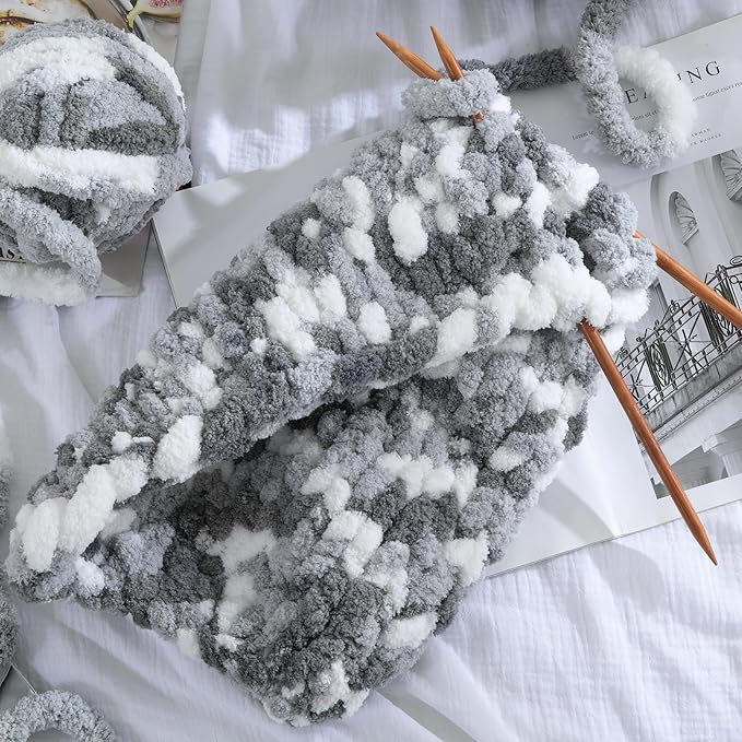 HOMBYS 8 Pack Giant Chunky Yarn for Crocheting and Hand Knitting/Arm Knitting - Super Bulky Large Soft Fluffy Tie Dye Plush Fuzzy Mixed Color Thick Chenille Yarn (Dark Grey, Grey, White)
