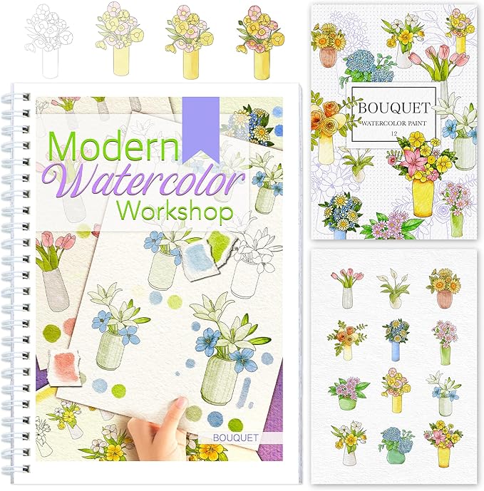 Watercolor Workbook for Beginners with Step-by-Step - 12 Watercolor Coloring Pages - 100% Cotton 300gsm/140lb Watercolor Paper - Gift for Women,Adults, Teens (Bouquet)