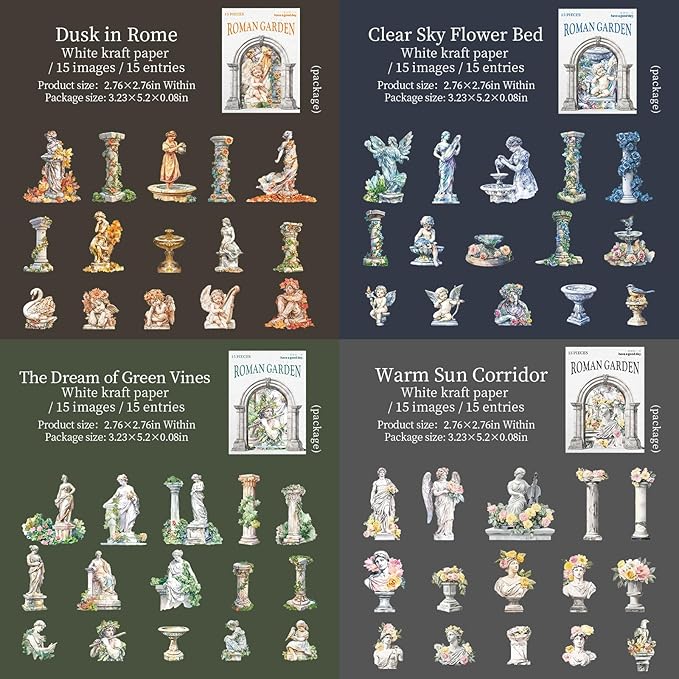 90 Pieces Roman Garden Statue Stickers, Aesthetic White Kraft Paper Decals for Scrapbooking, Bullet Journals, Planners, Vintage Angel Statue Landscape Creation Stickers for Adult DIY Crafts